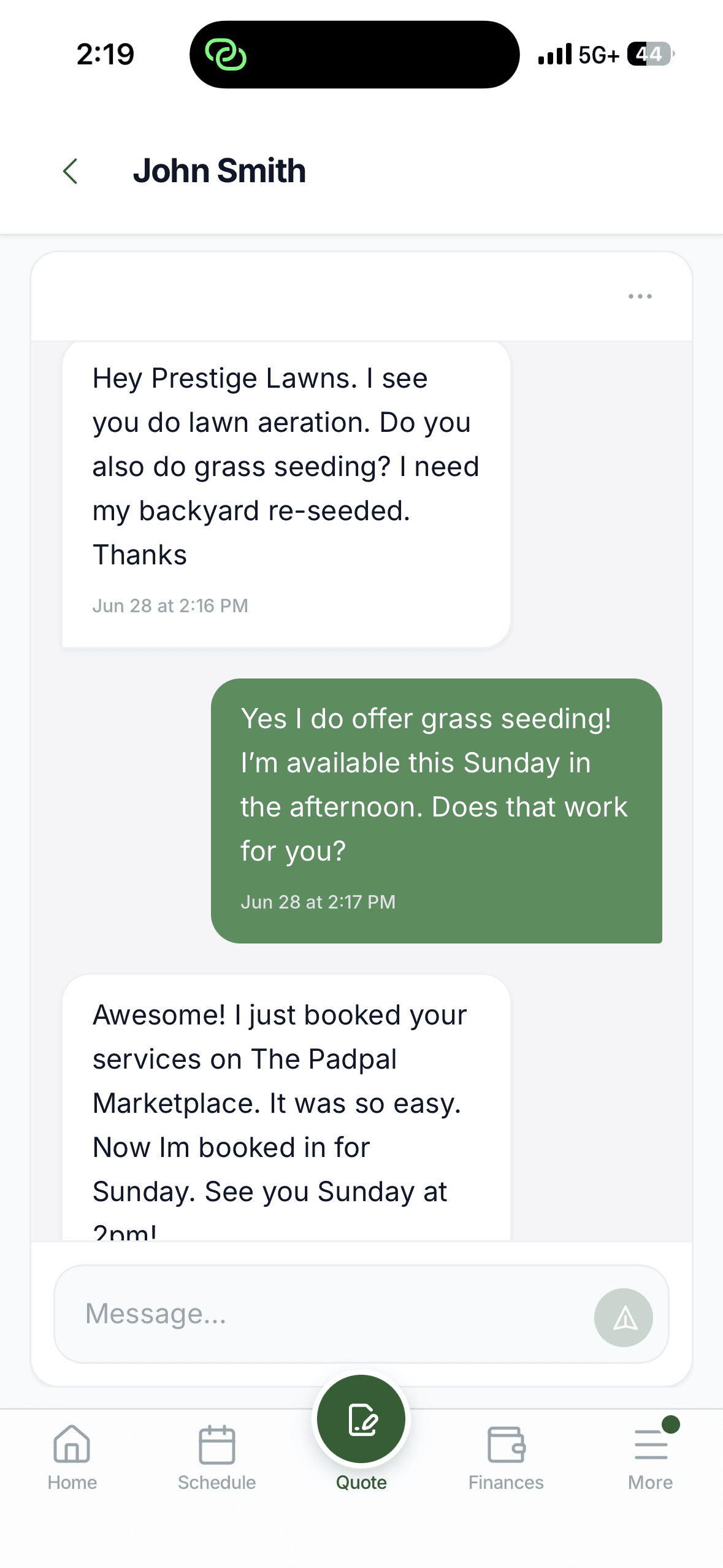 A direct message thread between a customer and a provider inside Padpal