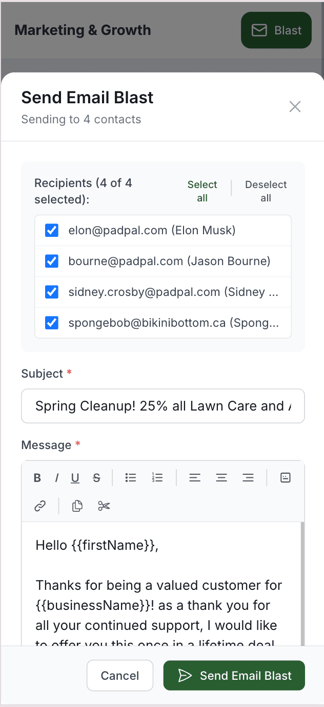 Padpal email blast composer with selected client recipients and a personalized message