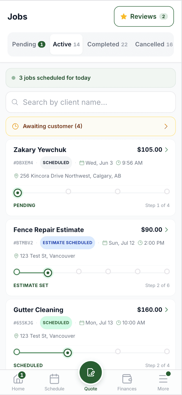 Padpal jobs list showing clients with statuses, prices, and progress from pending to paid