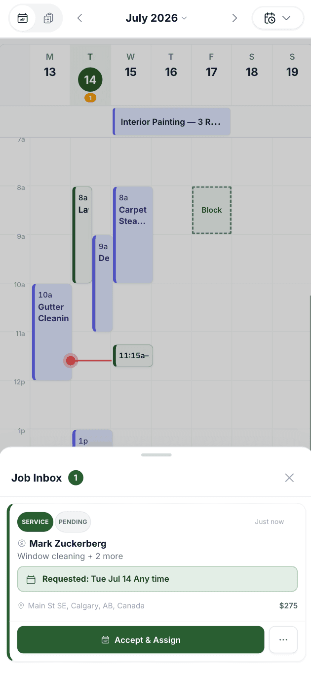 Padpal mobile calendar with the Job Inbox open on a new pending request