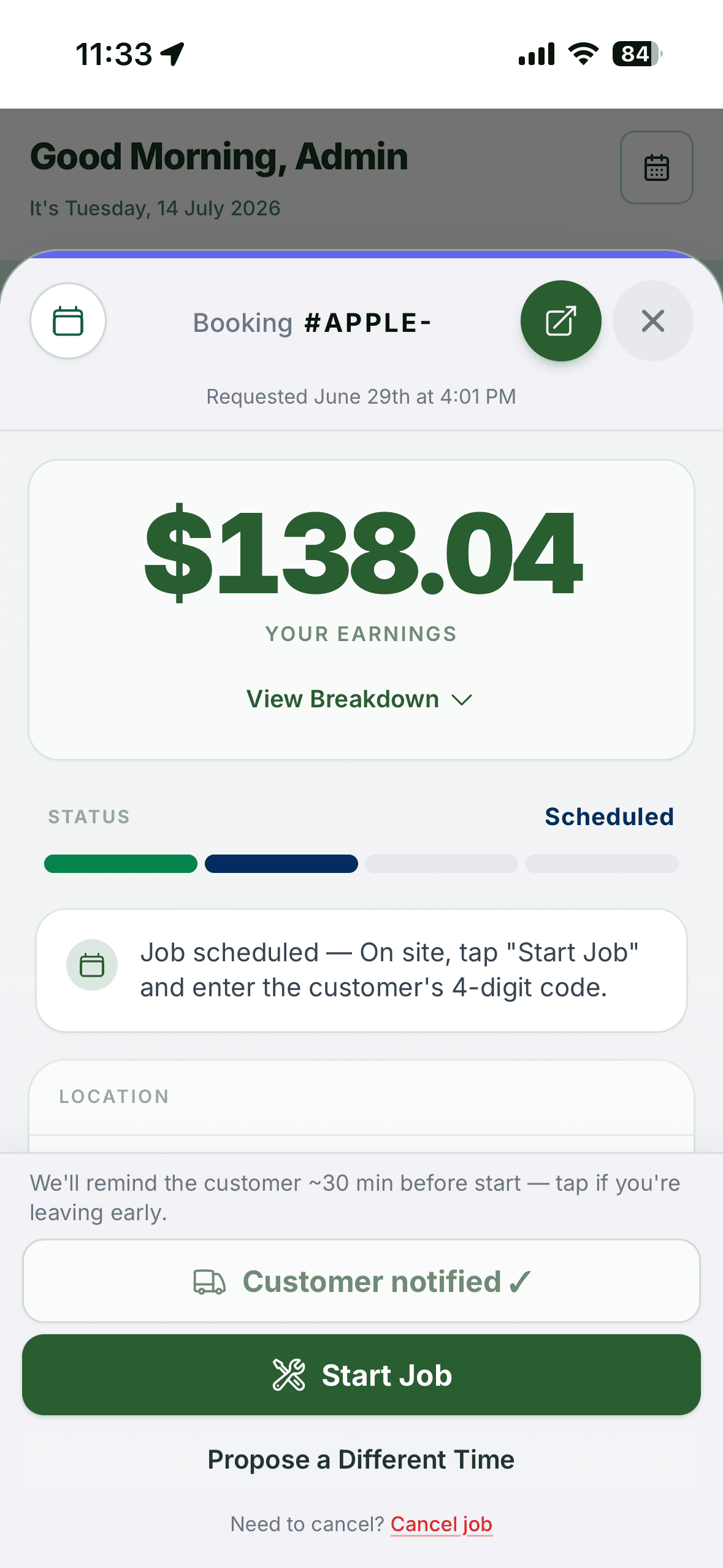 A Padpal booking on mobile showing provider earnings, job status, and a Start Job button