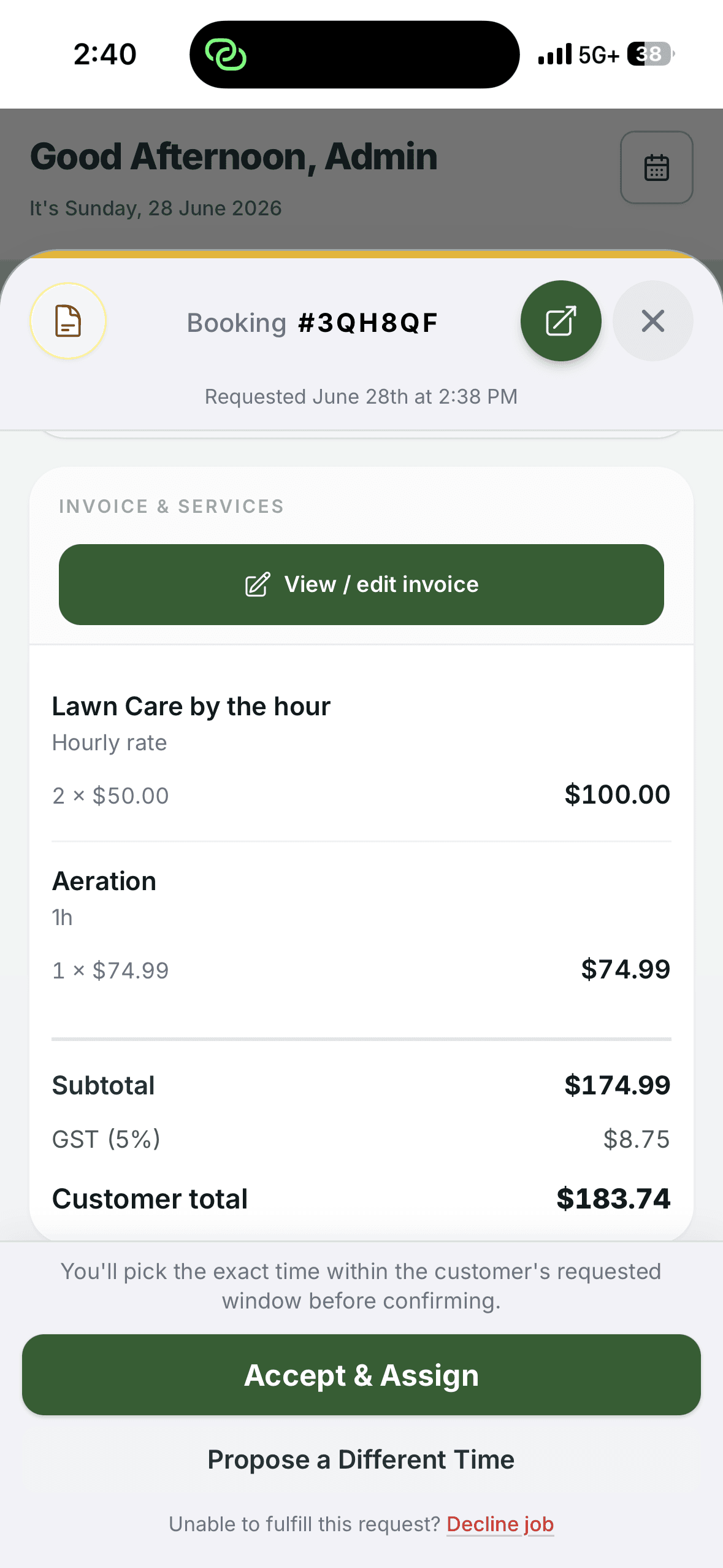 Editing a Padpal job invoice with line items, tax, and the customer total