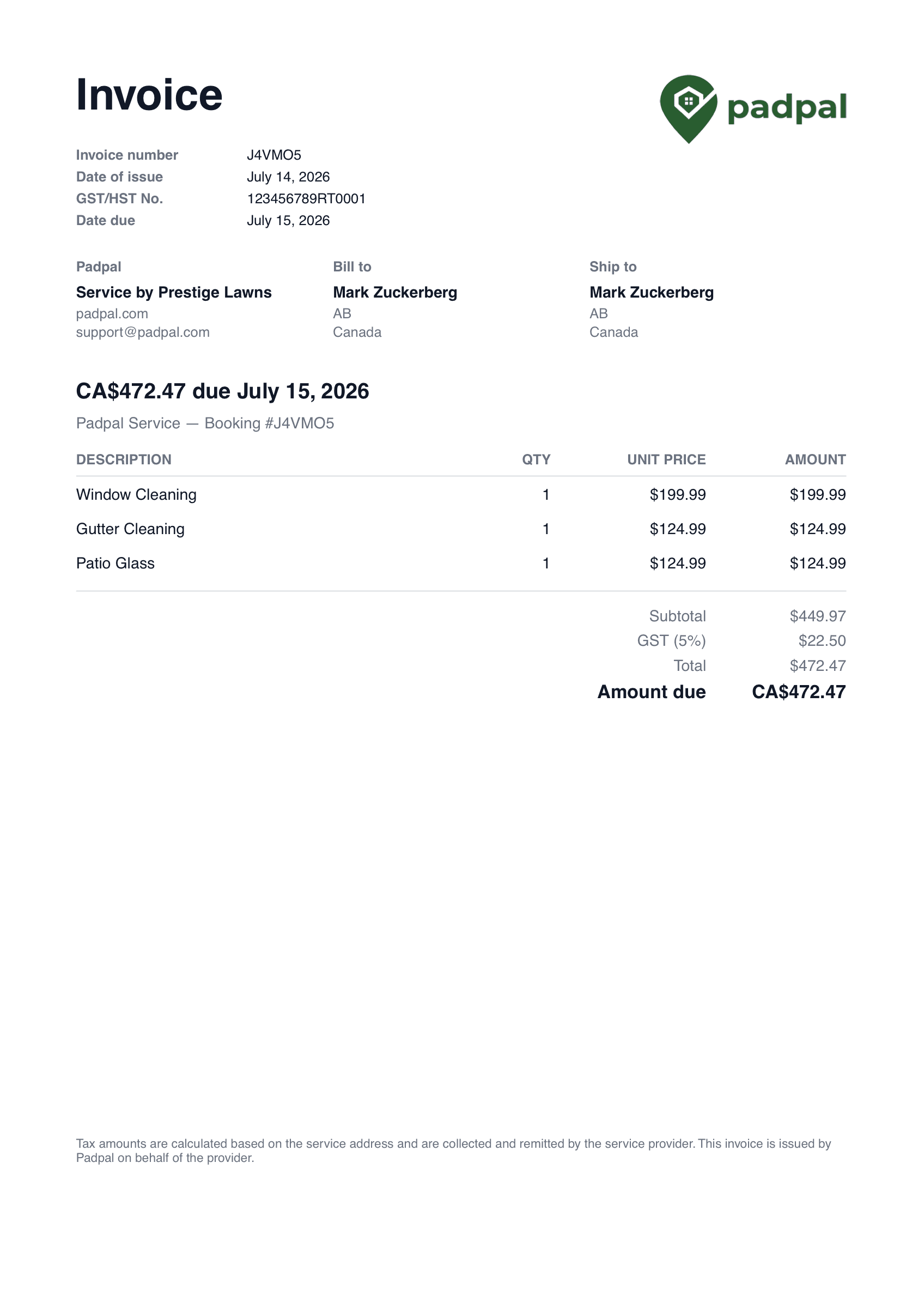 A branded Padpal invoice with itemized line items and totals