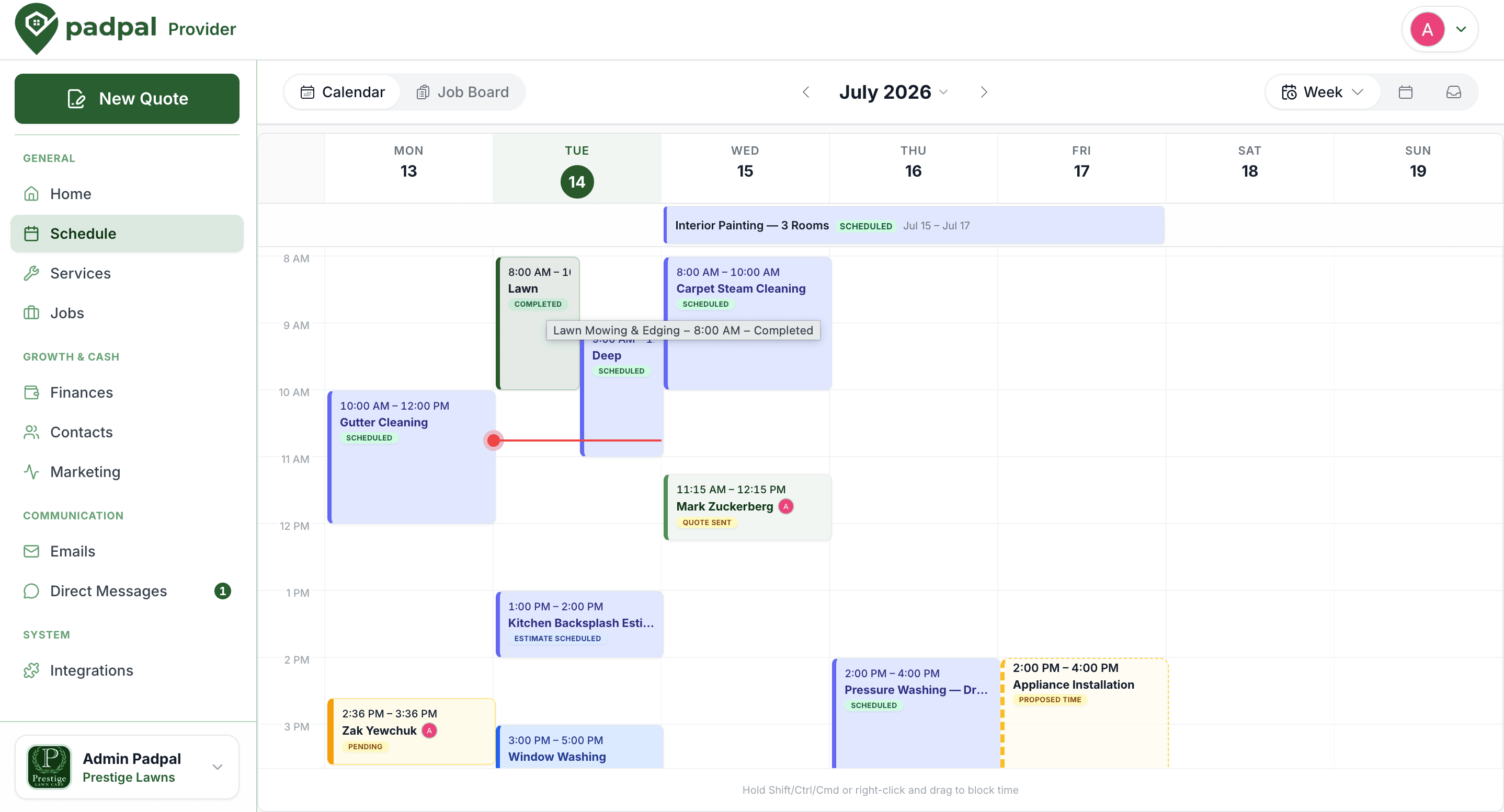Padpal provider calendar filled with confirmed marketplace bookings