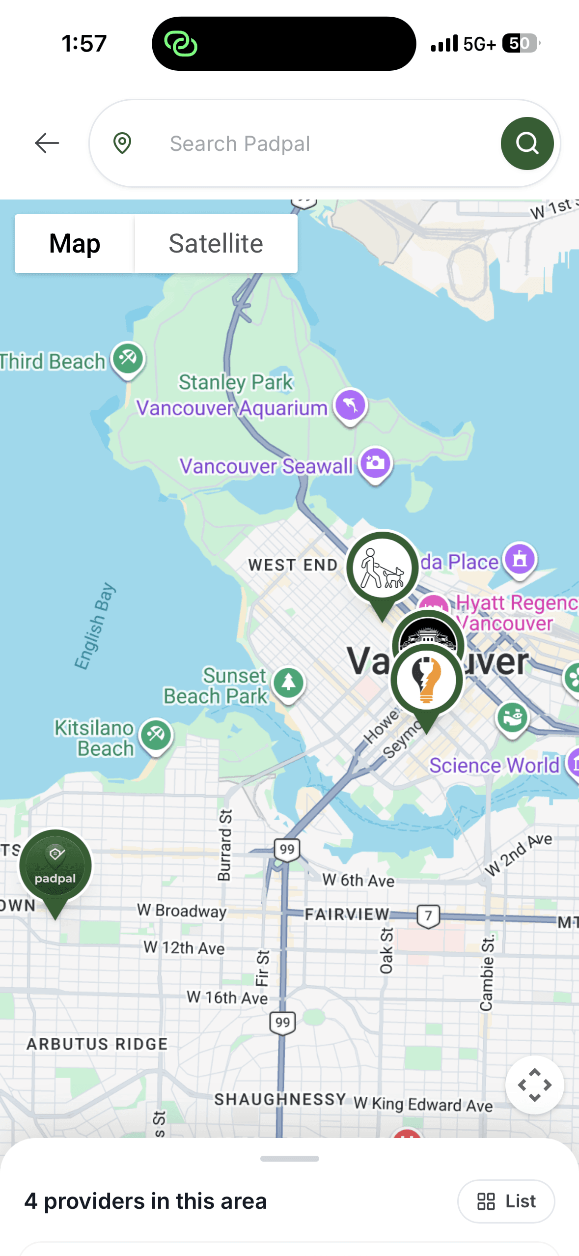 Padpal map view showing verified providers available nearby