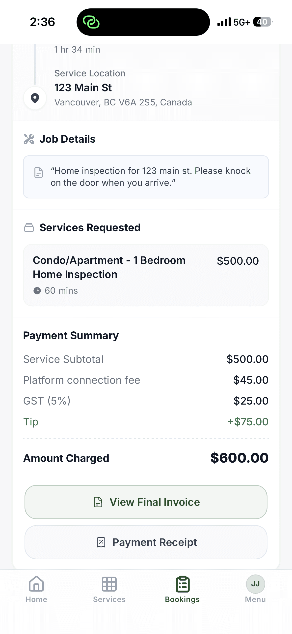 Padpal booking payment summary with itemized subtotal, fees, tax, and tip